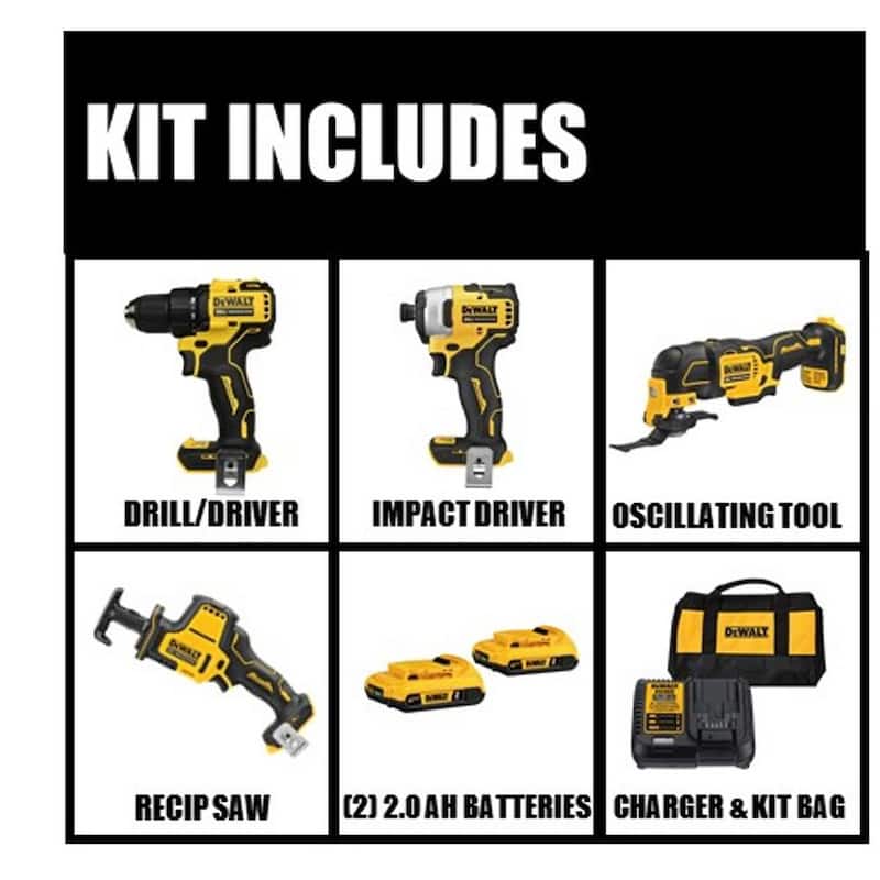 DEWALT ATOMIC 20V MAX Kit de Combo Inalámbrico sin Escobillas de 4 Herramientas, (2) Baterías de 2.0Ah, Cargador y Bolsa - DCK489D2