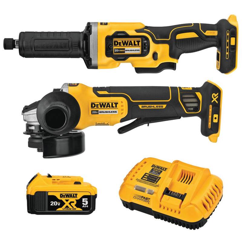 Kit Combo de 2 herramientas inalámbricas DEWALT 20V MAX XR con esmeriladora de 4.5 pulgadas, esmeriladora recta de 1-1/2 pulgadas y (1) batería de 5.0Ah - DCK203P1