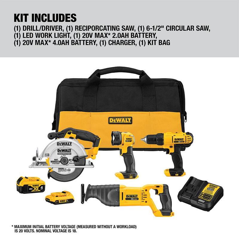 Equipo combinado inalámbrico de 4 herramientas DEWALT 20V MAX con (1) batería 20V 4.0Ah, (1) batería 20V 2.0Ah y cargador - DCK445D1M1.