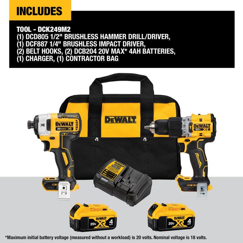 Kit combo inalámbrico sin escobillas de 20V MAX DEWALT con (2) baterías de 4.0Ah y cargador - DCK249M2