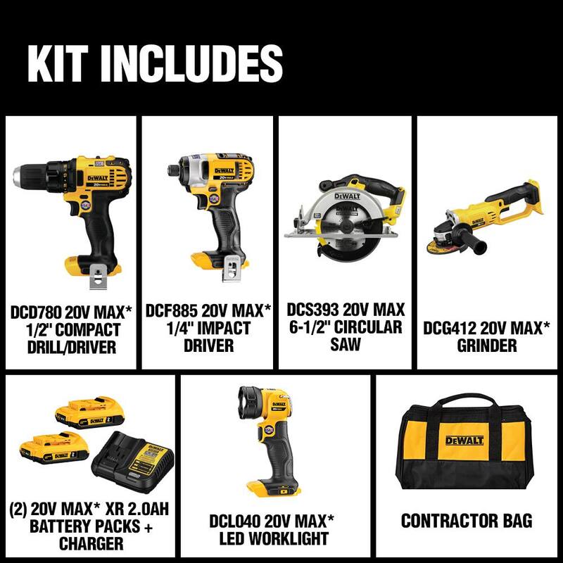Juego de 5 herramientas inalámbricas DEWALT 20V MAX con (2) baterías de 20V 2.0Ah y cargador - DCK521D2
