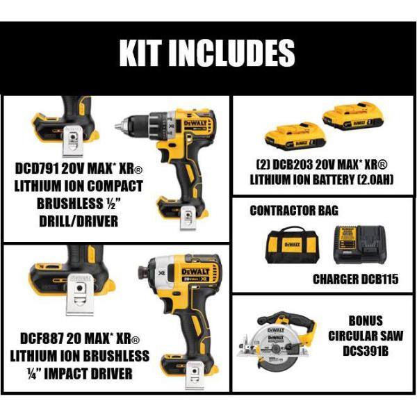 Kit de combinación sin cable DEWALT 20V MAX XR sin escobillas para taladro/impacto, sierra circular de 6-1/2 pulgadas 20V MAX y (2) baterías de 20V 2.0Ah - DCK283D2W391B