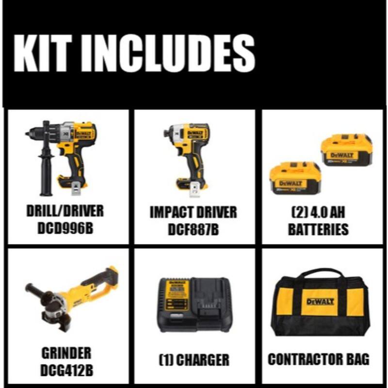Juego de Combo DEWALT 20V MAX XR inalámbrico con taladro/impacto sin escobillas, martillo, 20V 4.5-5 in. Amoladora y (2) Baterías 20V 4.0Ah - DCK299M2WDCG412B