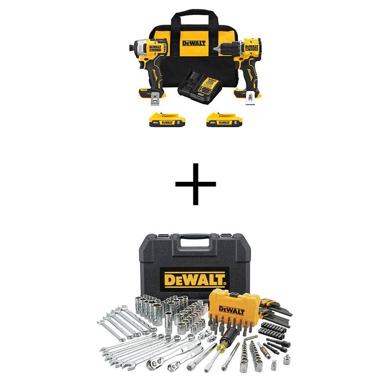 DEWALT ATOMIC 20V MAX Juego de combos inalámbricos de iones de litio con 2 herramientas y set de herramientas mecánicas de 142 piezas con (2) baterías de 2 Ah, cargador y bolsa - DCK225D2WT73802