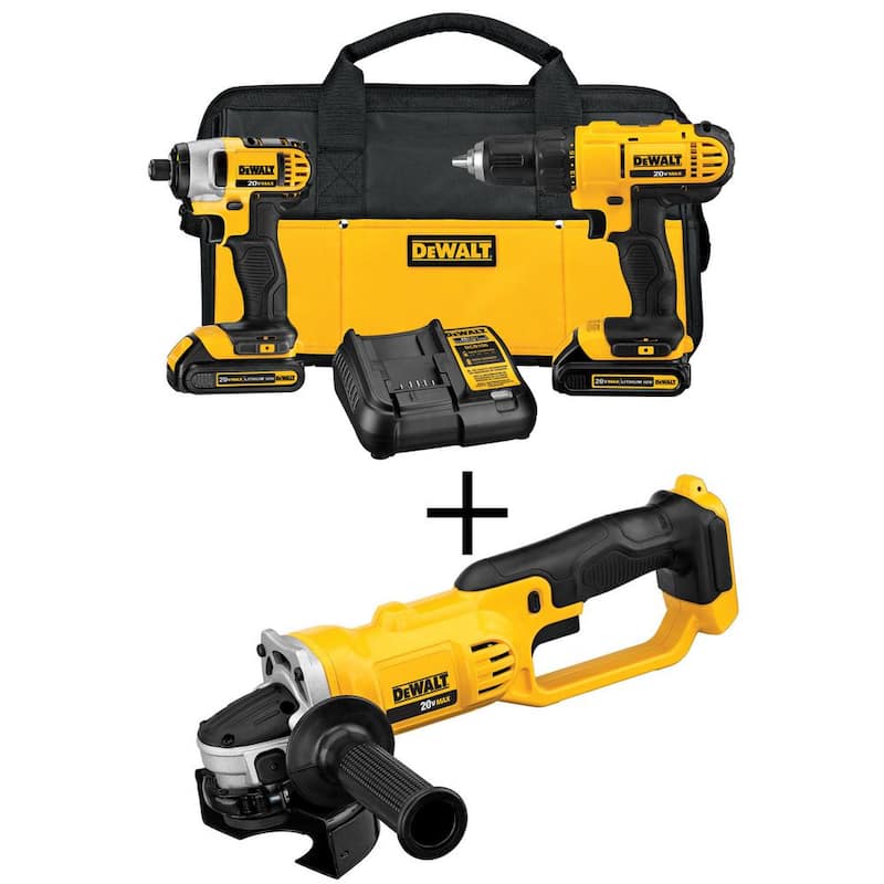 Kit de combo inalámbrico de taladro/destornillador DEWALT 20V MAX de iones de litio, 20V MAX 4.5-5 pulgadas Amoladora y (2) 20V MAX 1.3Ah Baterías - DCK240C2DCG412B