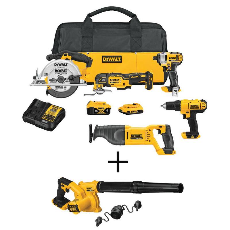 DEWALT 20V MAX Juego de Herramientas inalámbricas de 5 piezas, Soplador 20V para obra, (1) Batería 20V 4.0Ah, (1) Batería 20V 2.0Ah y Cargador - DCK551D1M1W100