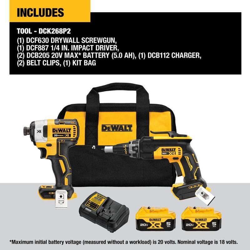 Kit combinado DEWALT 20V MAX de destornillador inalámbrico sin escobillas y impacto de iones de litio (2 herramientas) con (2) baterías de 5.0Ah, cargador y bolsa - DCK268P2