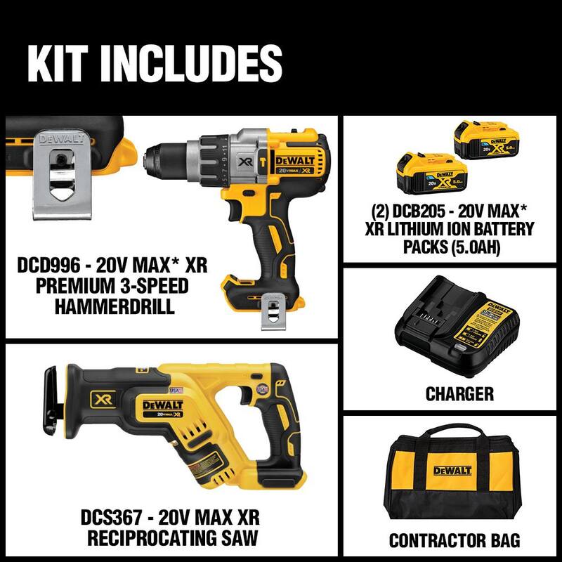 Kit combinado de 2 herramientas DEWALT 20V MAX XR inalámbrico con taladro sin escobillas y sierra recíproca, incluye (2) baterías de 20V 5.0Ah y cargador - DCK294P2