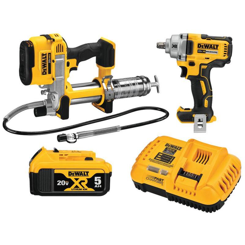Juego de herramientas inalámbricas industriales DEWALT 20V MAX XR de 2 herramientas con llave de impacto de 1/2 pulgadas, pistola de grasa y (1) batería de 20V 5.0Ah - DCK206P1