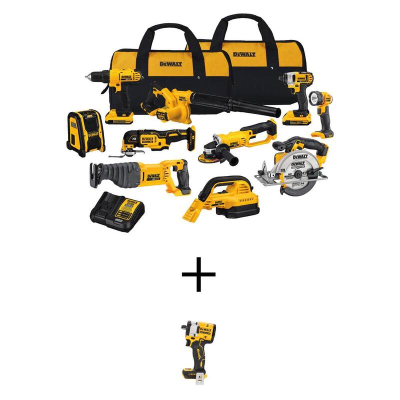 Kit de combinación inalámbrico DEWALT 20V MAX de 10 herramientas con batería de iones de litio, Llave de impacto sin escobillas ATOMIC 20V MAX de 1/2 pulgadas y (2) baterías de 2Ah - DCK1020D2WF921B.