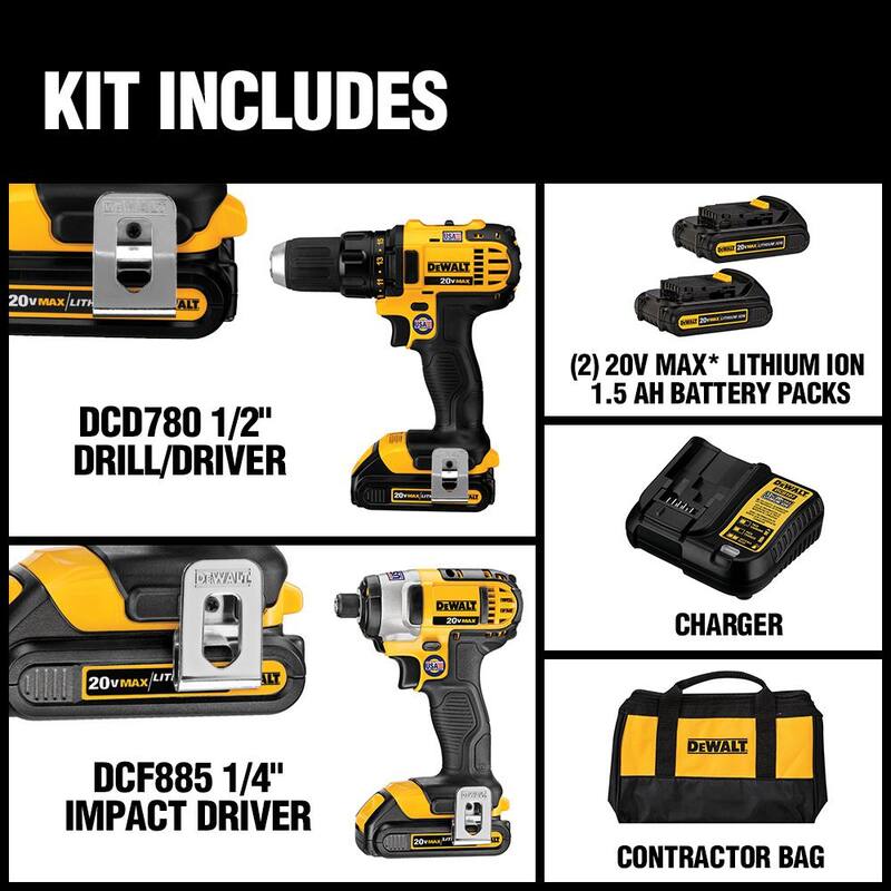 Juego combo de 2 herramientas inalámbricas DEWALT 20V MAX Taladro de impacto con (2) baterías de 20V 1.5Ah, cargador y bolsa - DCK280C2.