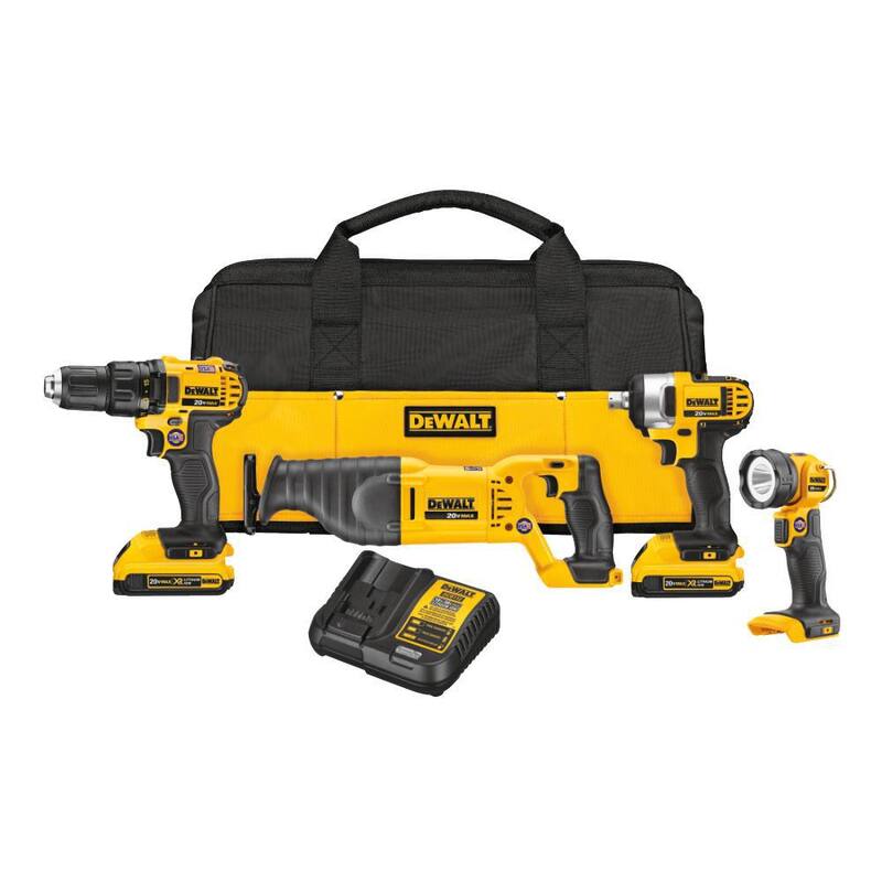 Kit combinado inalámbrico DEWALT 20V MAX de iones de litio con 4 herramientas, (2) baterías de 2.0Ah, cargador y bolsa de herramientas - DCK478D2