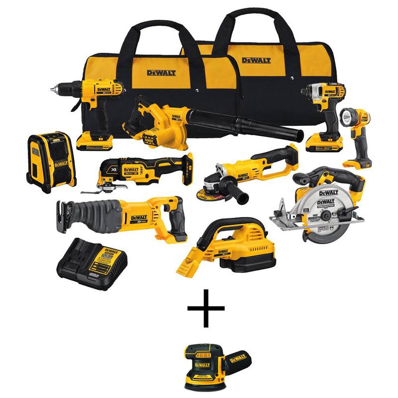 Kit combinado inalámbrico DEWALT 20V Max (10 herramientas) y lija orbital aleatoria de 5 pulgadas con (2) baterías de 20 voltios 2.0Ah, cargador y bolsa - DCK1020D2WCW210