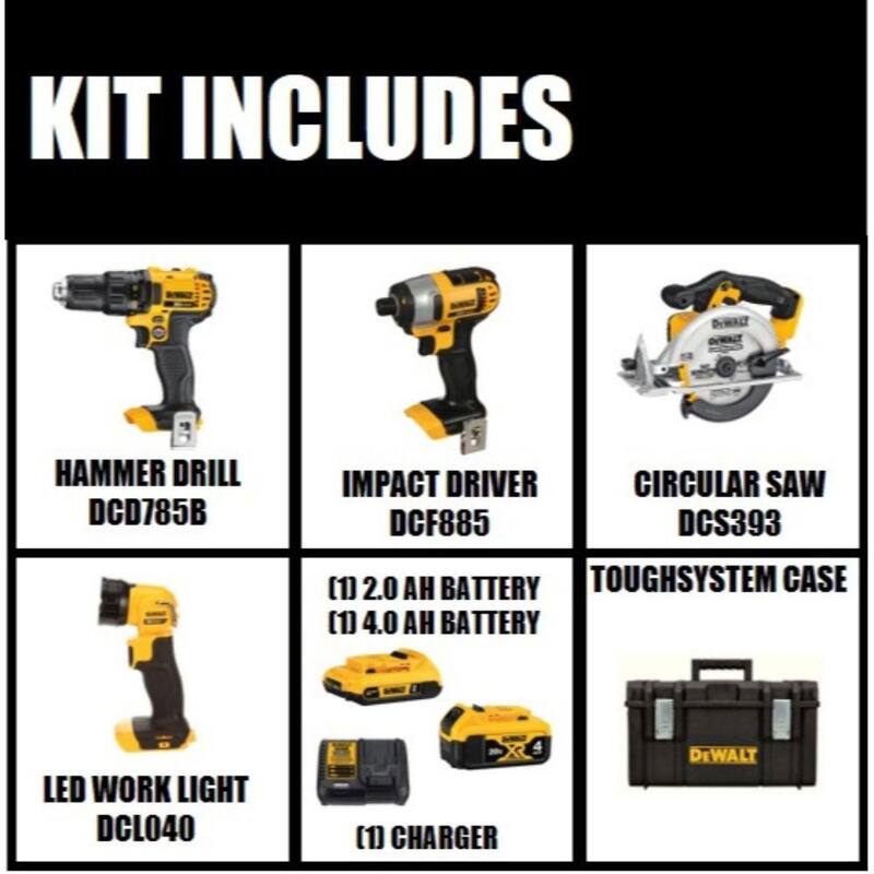 Juego de Combo DEWALT de 4 herramientas inalámbricas de 20V MAX de iones de litio, Estuche TOUGHSYSTEM, Batería de 2Ah, Batería de 4Ah y Cargador - DCKTS425D1M1