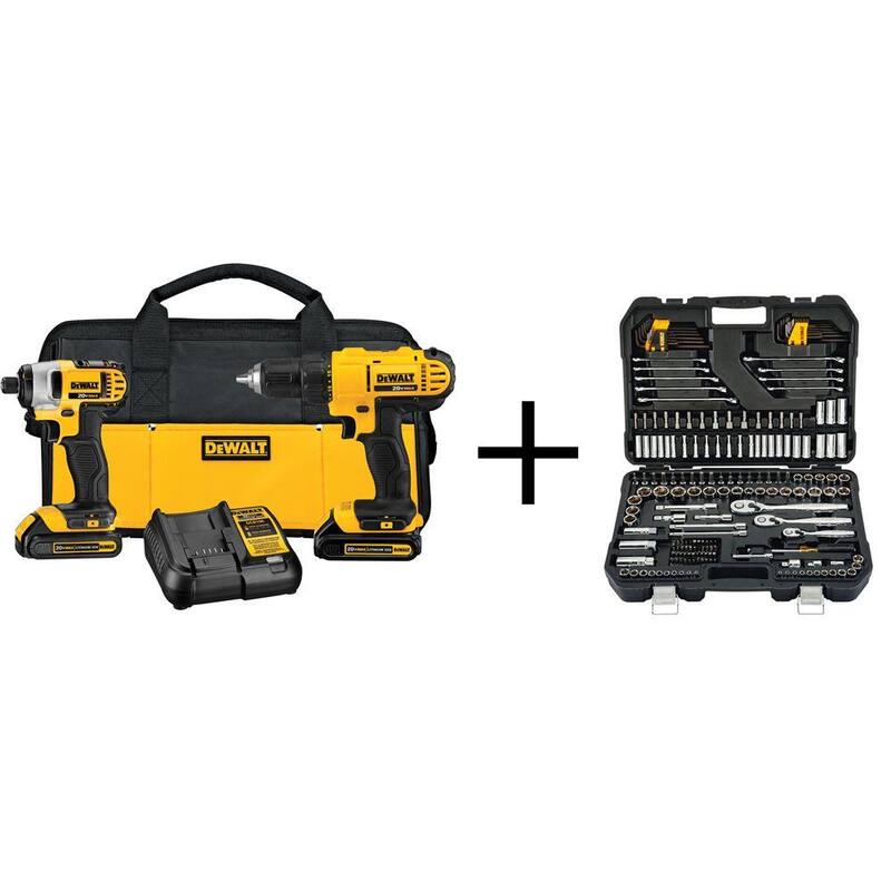 Kit combo inalámbrico DEWALT de 20V MAX de iones de litio (2 piezas), set de herramientas para mecánicos (200 piezas), (2) baterías de 20V 1.3Ah y cargador - DCK240C2DWMT75000