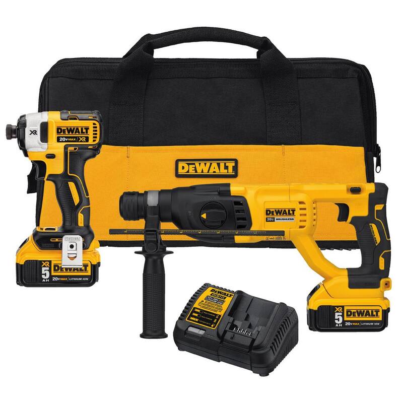 Juego de combo de 2 herramientas DEWALT 20V MAX XR inalámbrico Impact Driver/Rotary Hammer, (2) baterías 20V 5.0Ah y cargador - DCK233P2.