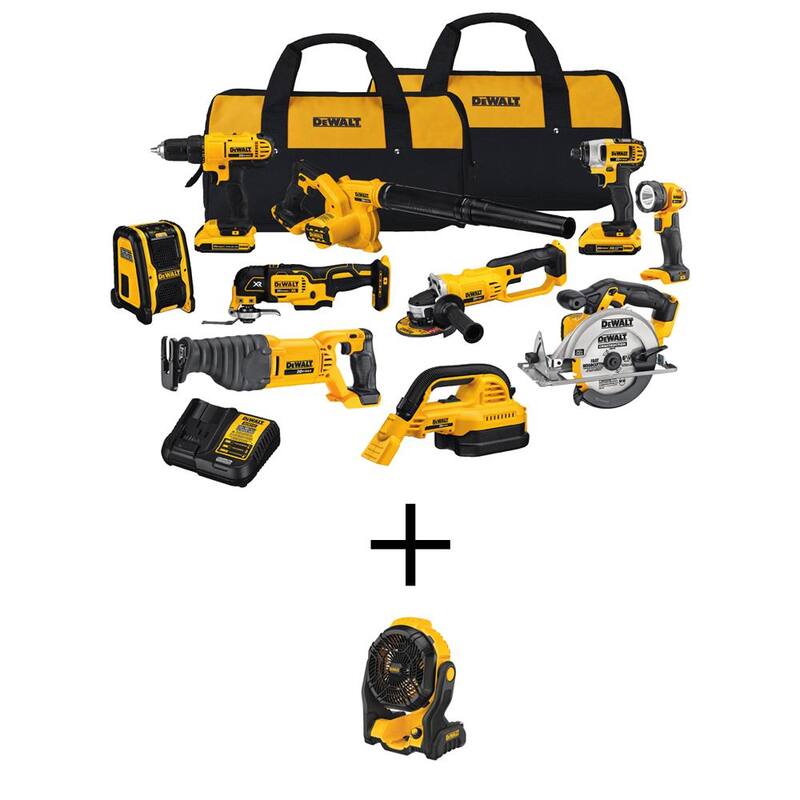 DEWALT 20V Max Kit Combo Inalámbrico (10 herramientas) y 20V MAX Ventilador de obra con (2) baterías de 20 voltios 2.0Ah, cargador y estuche - DCK1020D2WCE512