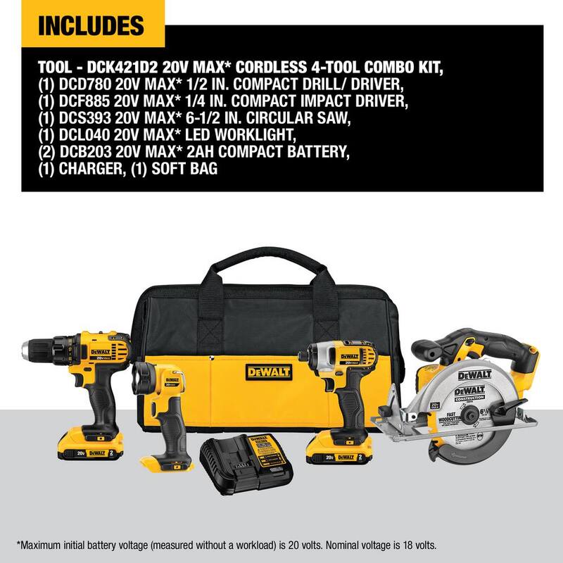 Kit de herramientas inalámbricas DEWALT 20V MAX con 4 herramientas, (2) baterías de 20V 2.0Ah y cargador - DCK421D2