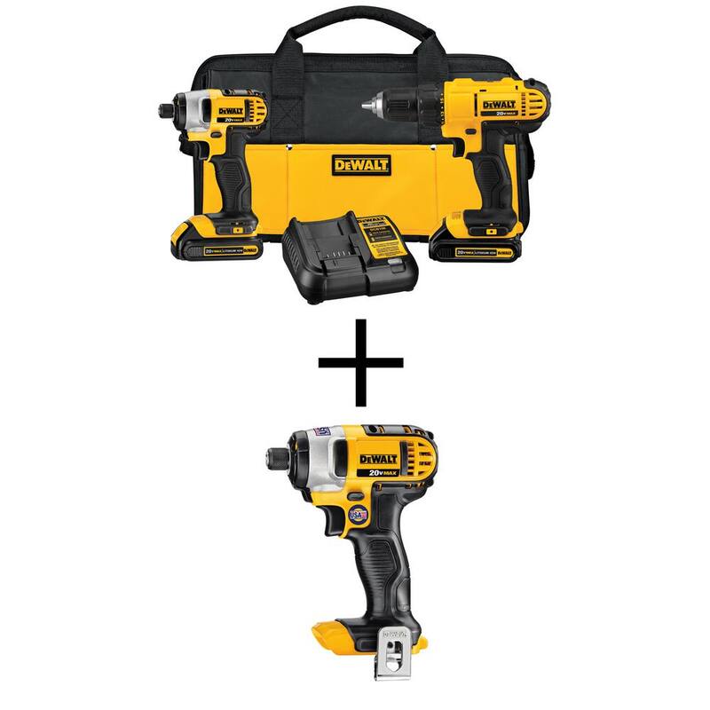 Juego de Combinación de 2 Herramientas DEWALT 20V MAX Taladro/Atornillador Inalámbrico de Iones de Litio, 1/4 pulg. Impact Driver, (2) Baterías 20V 1.3Ah y Cargador - DCK240C2WCF885B
