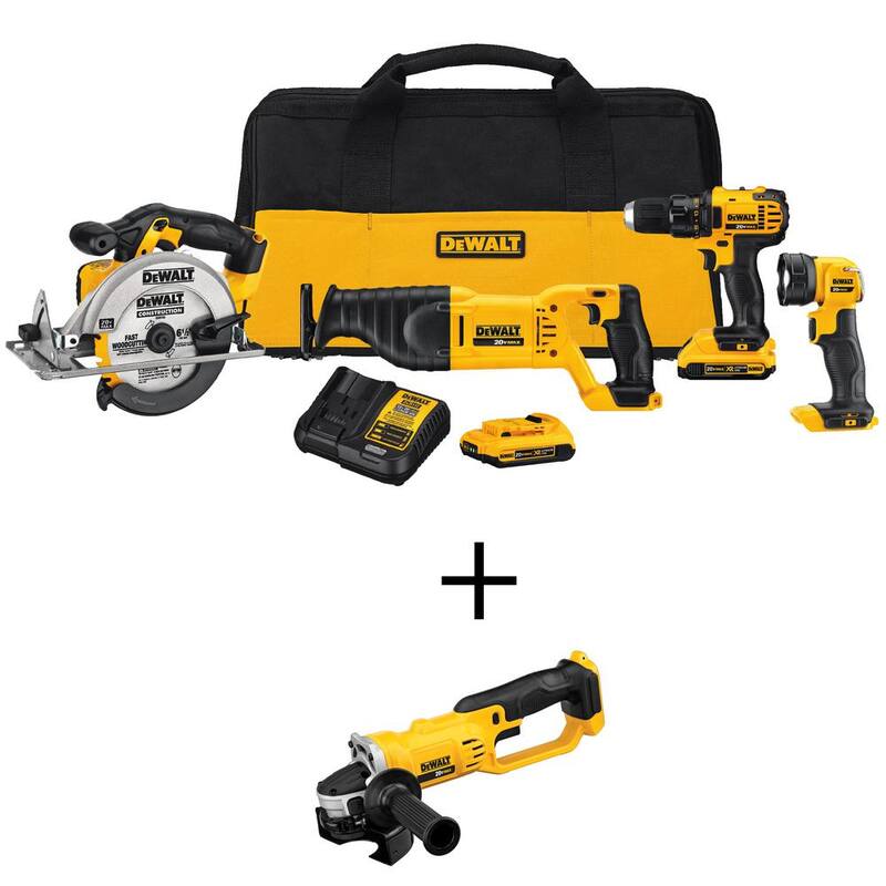DEWALT 20V MAX. Juego de Herramientas Inalámbricas de 4 Piezas con batería de iones de litio, Esmeriladora inalámbrica de 20V MAX de 4.5-5 pulgadas, (2) baterías de 20V 2.0Ah y cargador - DCK423D2W412