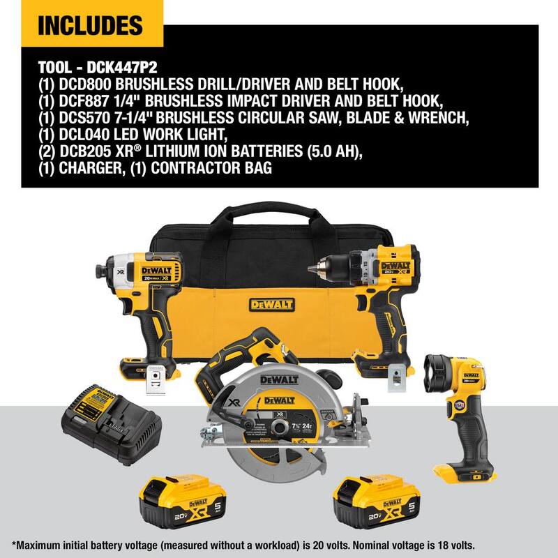 Kit combinado inalámbrico DEWALT 20V MAX con 4 herramientas, incluye (2) baterías de 5.0Ah y cargador - DCK447P2