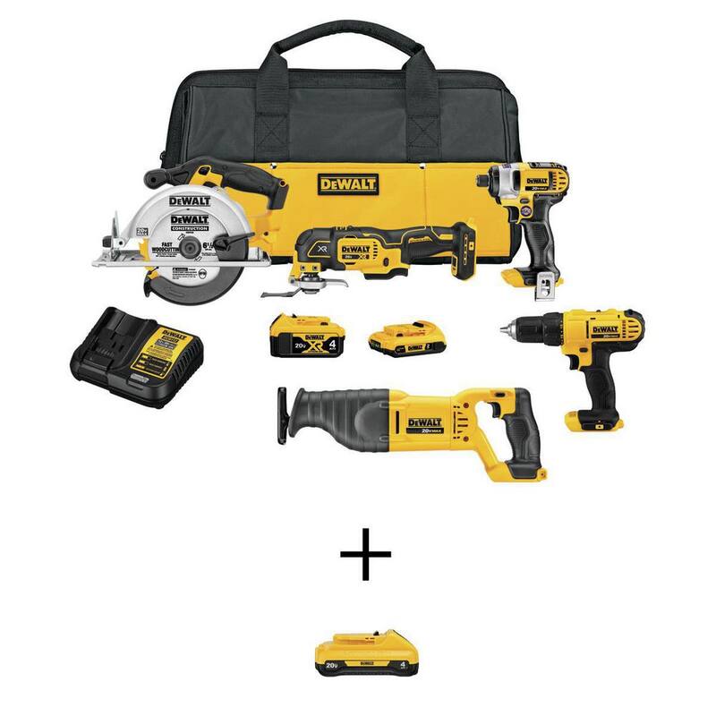 Juego de combinación de 5 herramientas inalámbricas DEWALT 20V MAX de iones de litio con (2) baterías de 20V 4.0Ah, (1) batería de 20V 2.0Ah y cargador - DCK551D1M1WB240