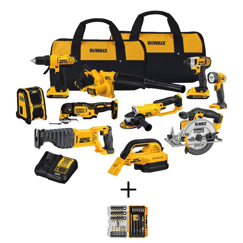 Kit combinado inalámbrico DEWALT 20V MAX de 10 herramientas, juego de puntas MAXFIT para atornillar (35 piezas), (2) baterías de 20V 2.0Ah, cargador y bolsa - DCK1020D2WMF35