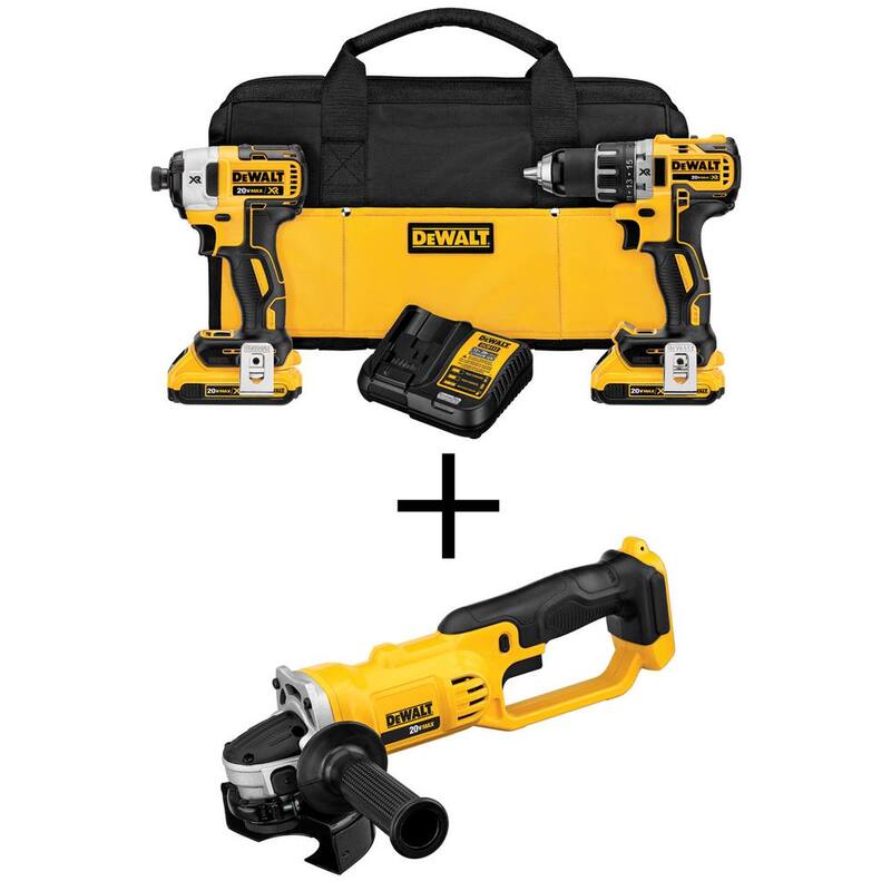 Juego combo de herramientas inalámbricas de impacto y taladro sin escobillas DEWALT 20V MAX XR, esmeriladora de 20V MAX 4.5-5 pulgadas y (2) baterías de 20V 2.0Ah - DCK283D2W412B