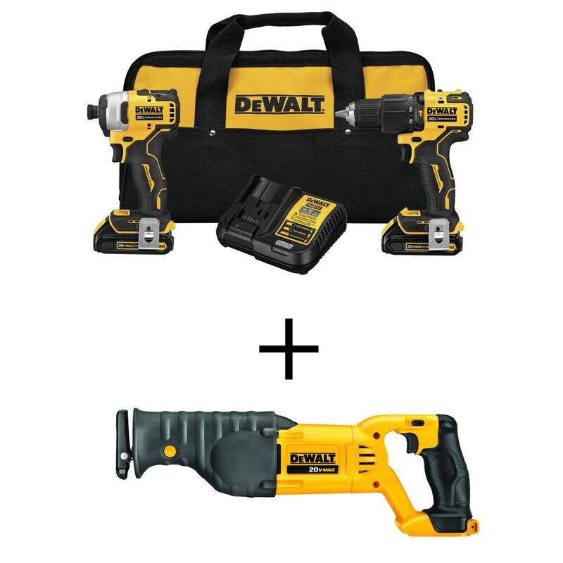 DEWALT ATOMIC 20V MAX Kit de Combo Inalámbrico sin escobillas Taladro de martillo/impacto de 20V, Sierra reciprocante inalámbrica de 20V y (2) Baterías de 1.3Ah - DCK279C2W380
