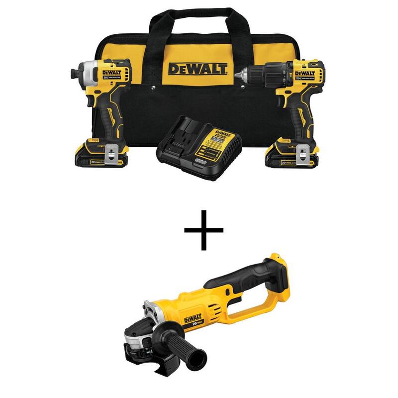 Juego combinado DEWALT ATOMIC 20V MAX de taladro/destornillador de impacto inalámbrico sin escobillas, incluye herramienta de combo 2, amoladora de 20V de 4.5-5 pulgadas y (2) baterías de 1.3Ah - DCK279C2W412
