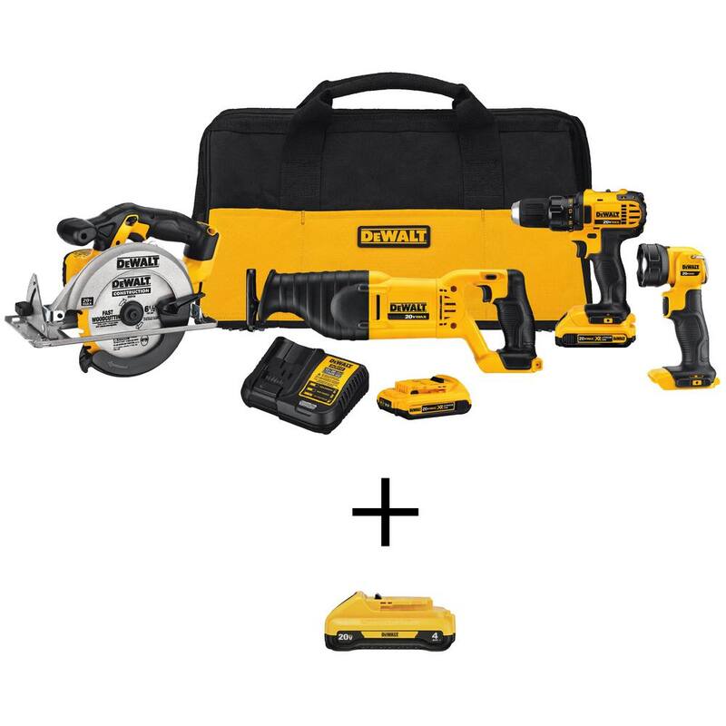 Kit combinado con 4 herramientas inalámbricas DEWALT 20V MAX, (1) batería de 20V 4.0Ah y (2) baterías de 20V 2.0Ah, y cargador - DCK423D2W240