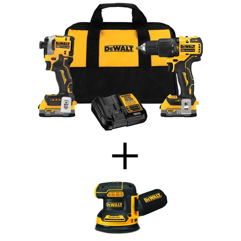Kit inalámbrico sin escobillas DEWALT 20V MAX de iones de litio (2 herramientas) y lijadora orbital aleatoria de 5 pulgadas con (2) baterías de 1.7Ahr - DCK254E2WDCW210
