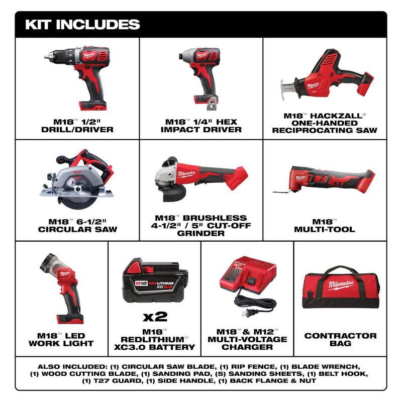 Juego combinado inalámbrico de 7 herramientas Milwaukee M18 de 18 volts con baterías de 2, cargador y bolsa de herramientas - 2695-27SH