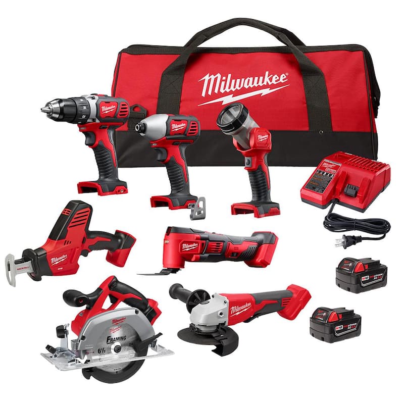 Juego combinado inalámbrico de 7 herramientas Milwaukee M18 de 18 volts con baterías de 2, cargador y bolsa de herramientas - 2695-27SH