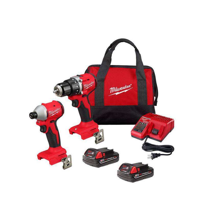 Kit de combo de taladro e impacto compacto inalámbrico Milwaukee M18 18V de iones de litio sin escobillas (2 herramientas) con (2) baterías de 2.0 Ah, cargador y bolsa - 3692-22CT