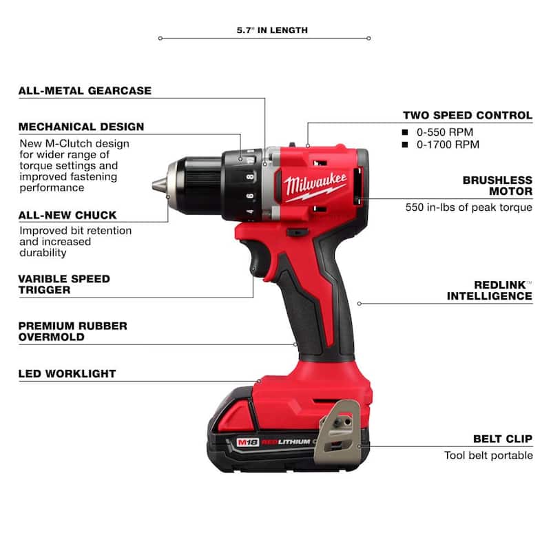 Kit de combo de taladro e impacto compacto inalámbrico Milwaukee M18 18V de iones de litio sin escobillas (2 herramientas) con (2) baterías de 2.0 Ah, cargador y bolsa - 3692-22CT