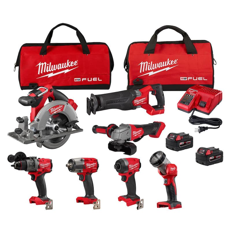 Milwaukee M18 FUEL 18V Lithium-Ion Brushless Cordless Combo Kit con Dos Baterías de 5.0 Ah, 1 Cargador, 2 Bolsas para Herramientas (7 Herramientas) - 3697-27
