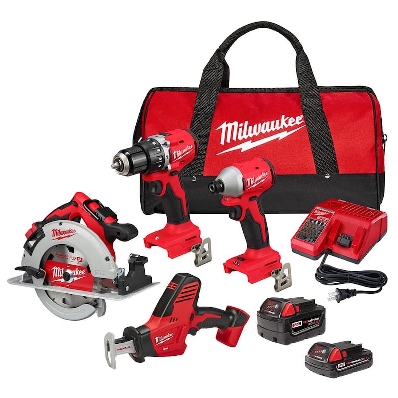 Milwaukee M18 18-Volt Lithium-Ion Juego de herramientas inalámbricas sin escobillas (4 herramientas) con 2 baterías, 1 cargador y bolsa para herramientas - 3693-24CX