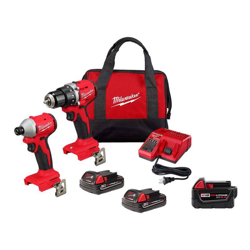 Milwaukee M18 18V Lithium-Ion Brushless Cordless Compact Drill/Impact Combo Kit (2 herramientas) con (2) Baterías de 2.0 Ah y una batería de 5.0 Ah - 3692-22CT-48-11-1850