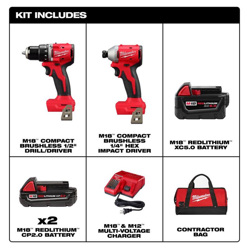 Milwaukee M18 18V Lithium-Ion Brushless Cordless Compact Drill/Impact Combo Kit (2 herramientas) con (2) Baterías de 2.0 Ah y una batería de 5.0 Ah - 3692-22CT-48-11-1850