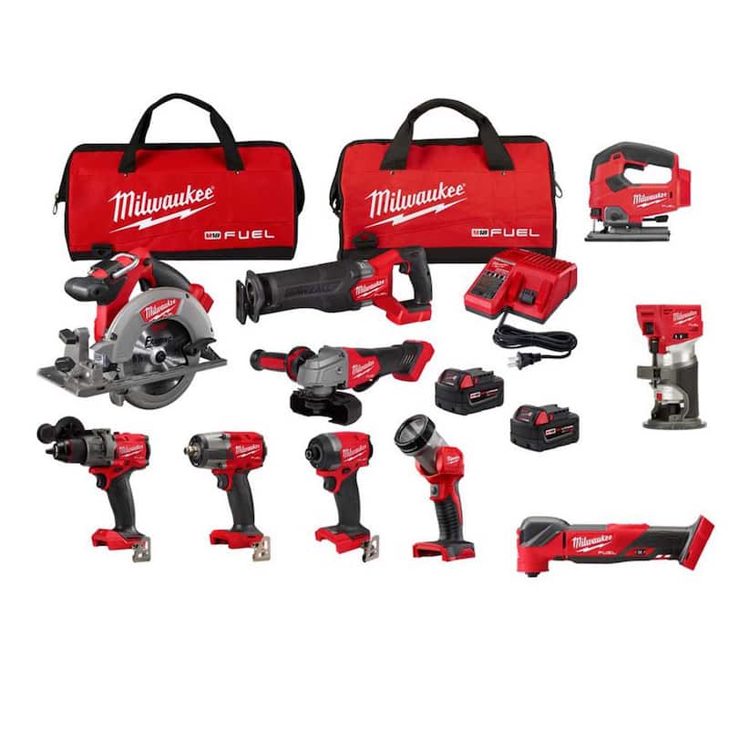Milwaukee M18 FUEL 18V Lithium-Ion Brushless Cordless Combo Kit  con (2) Baterías de 5.0Ah, Cargador y (2) Bolsas para Herramientas (Conjunto de 10 Herramientas) - 3697-27-2737-20-2836-20-2723-20