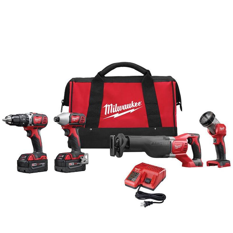 Kit de herramientas combo inalámbrico Milwaukee M18 de 18V de iones de litio con dos baterías de 3.0Ah, 1 cargador, 1 bolsa para herramientas (4 herramientas) - 2696-24