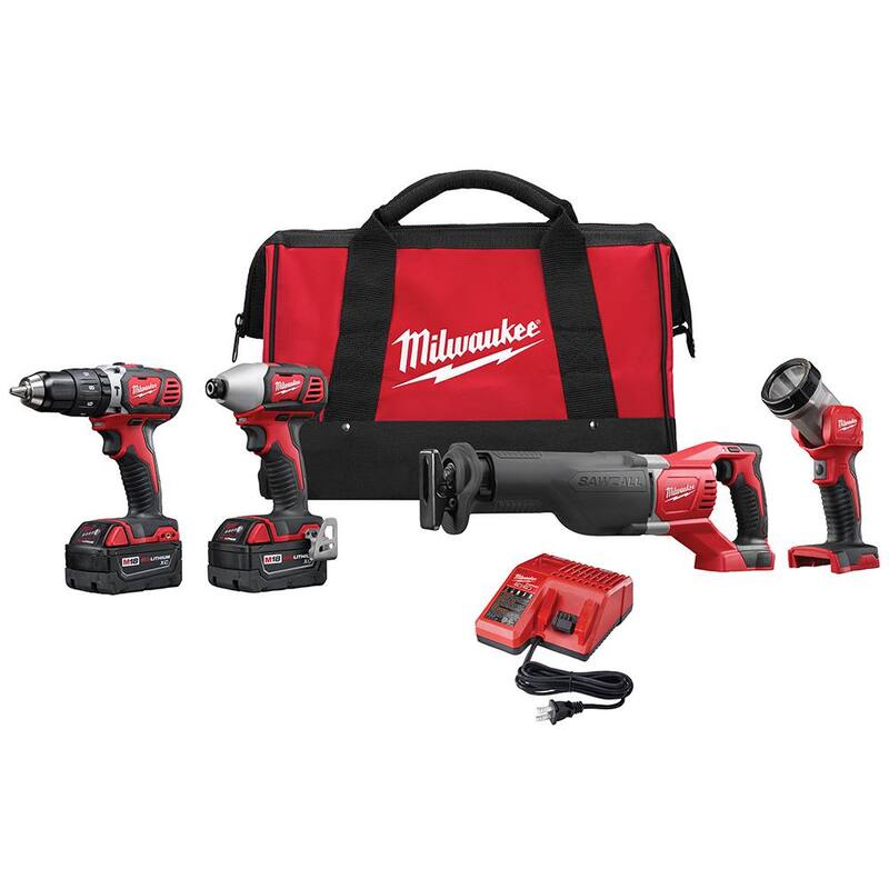 Kit de herramientas combo inalámbrico Milwaukee M18 de 18V de iones de litio con dos baterías de 3.0Ah, 1 cargador, 1 bolsa para herramientas (4 herramientas) - 2696-24