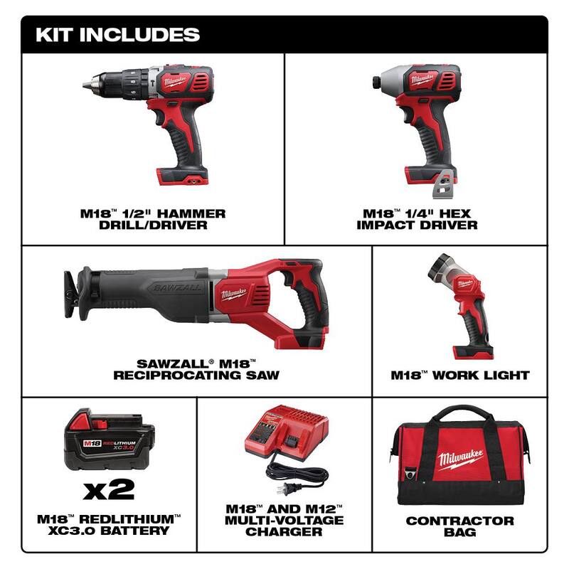 Kit de herramientas combo inalámbrico Milwaukee M18 de 18V de iones de litio con dos baterías de 3.0Ah, 1 cargador, 1 bolsa para herramientas (4 herramientas) - 2696-24