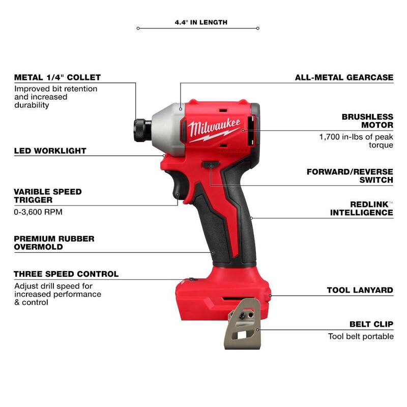 Kit combo de Taladro de Martillo de Impacto Compacto Inalámbrico sin escobillas Milwaukee M18 18-Volt de Iones de Litio (2 herramientas) con (2) baterías, bolsa - 3693-22CX.