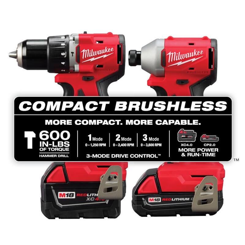 Kit combo de Taladro de Martillo de Impacto Compacto Inalámbrico sin escobillas Milwaukee M18 18-Volt de Iones de Litio (2 herramientas) con (2) baterías, bolsa - 3693-22CX.