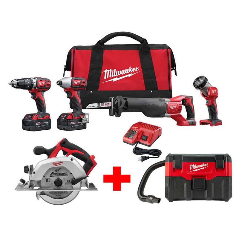 Juego inalámbrico de combinación con batería de iones de litio de 18 V Milwaukee M18 (4 herramientas) con sierra circular de 6-1/2 pulgadas M18 y aspiradora húmeda/seca de 2 galones - 2696-24-2630-20-0880-20
