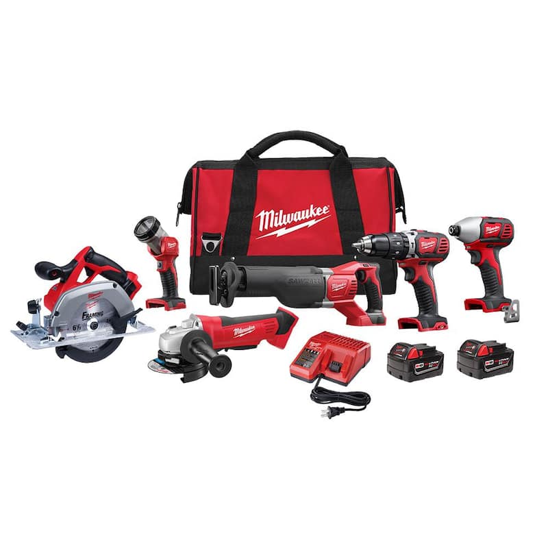 Juego de Herramientas Inalámbricas Milwaukee M18 18V de Iones de Litio (6 herramientas) con Dos Baterías de 3.0 Ah, 1 Cargador, 1 Bolsa de Herramientas - 2696-26