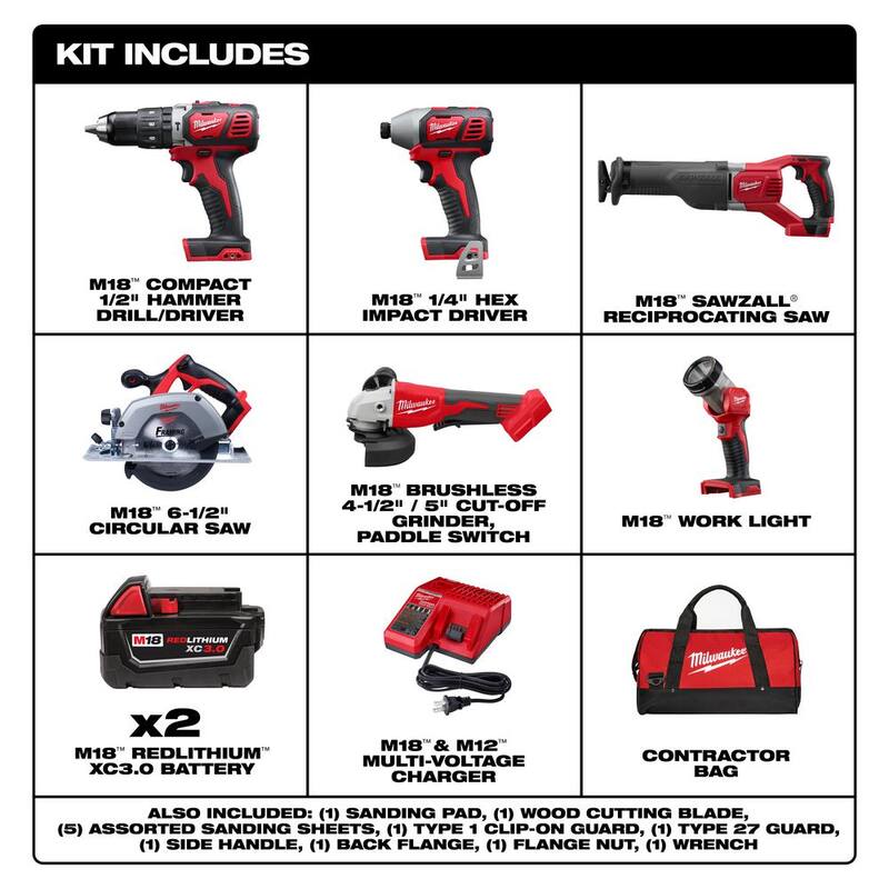 Equipo combinado inalámbrico de iones de litio de 18V Milwaukee M18 con dos baterías de 3.0Ah (4 herramientas) con sierra circular de 6-1/2 pulgadas y amoladora - 2696-24-2630-20-2686-20.