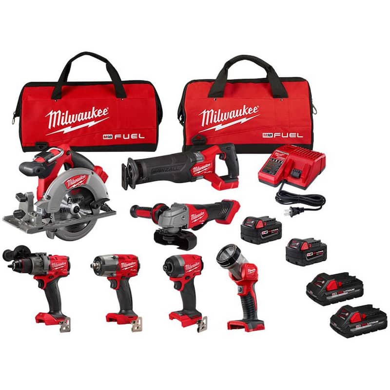 Kit de Combo Inalámbrico de 7 Herramientas Milwaukee M18 FUEL 18V de Iones de Litio Brushless con 2 paquetes de Baterías de 3.0ah - 3697-27-48-11-1837